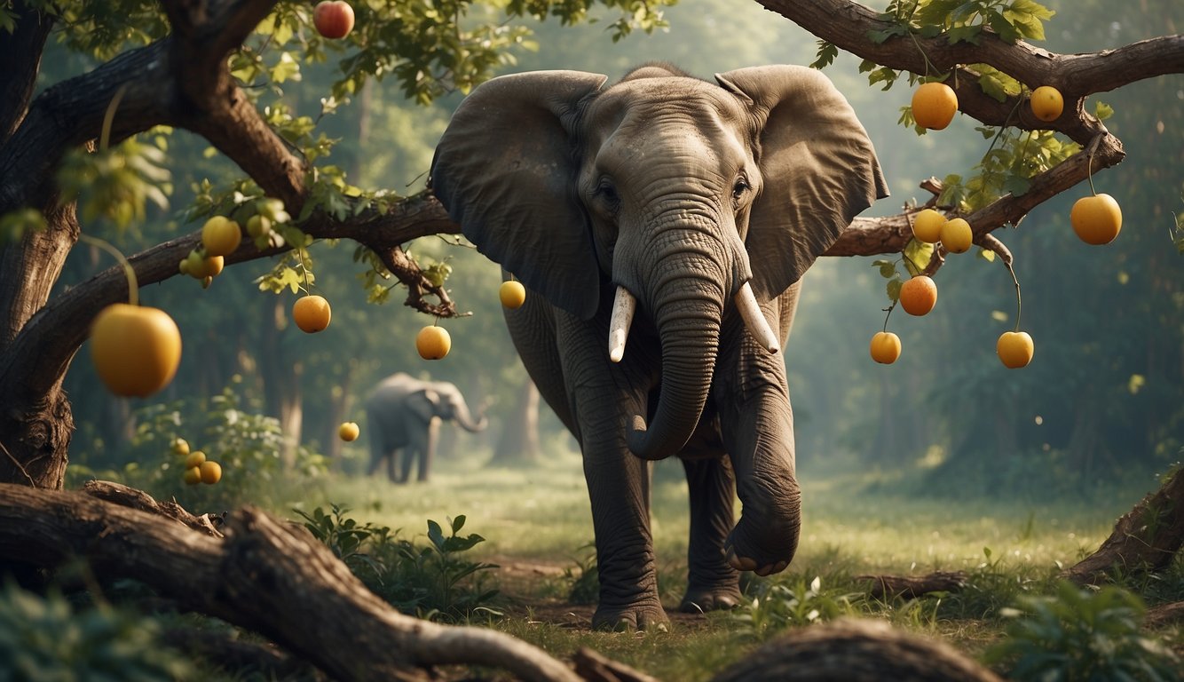 An elephant uses its trunk to pick up a fallen tree branch and carefully maneuver it into position to reach a cluster of fruit high in the trees