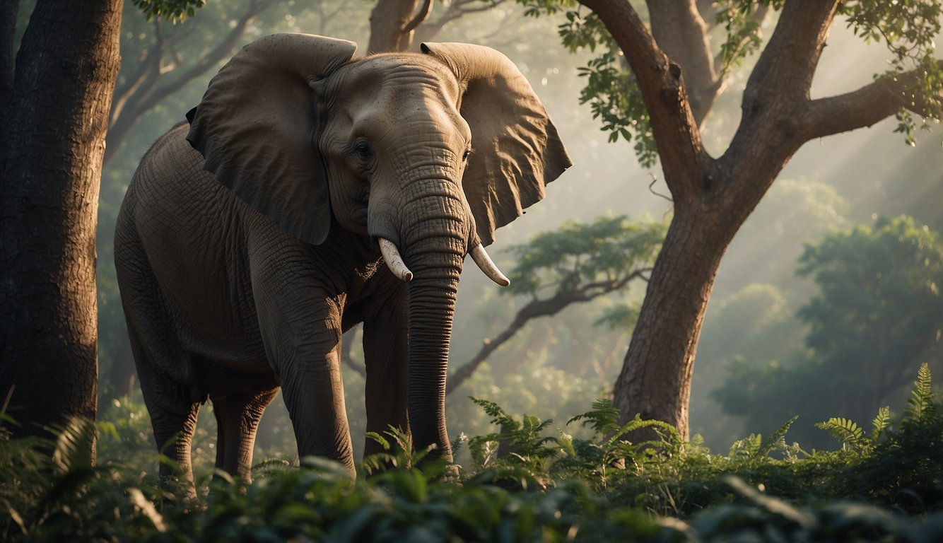 An elephant stands tall, its trunk raised high, reaching for leaves in the treetops.

The strong, flexible appendage is the focal point of the scene