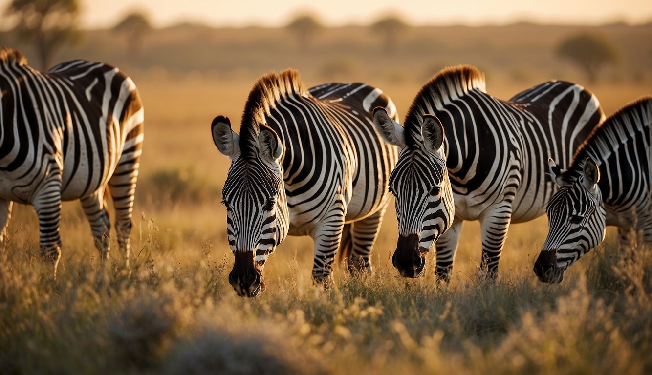 Zebras grazing in a grassy savanna, their striped patterns contrasting against the golden landscape.

A group of scientists observing and taking notes on the zebras' behavior