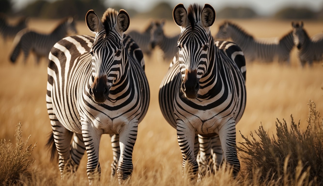 A group of zebras grazing in the savannah, their distinct black and white stripes standing out against the golden grass, as they move together in a cohesive and harmonious manner
