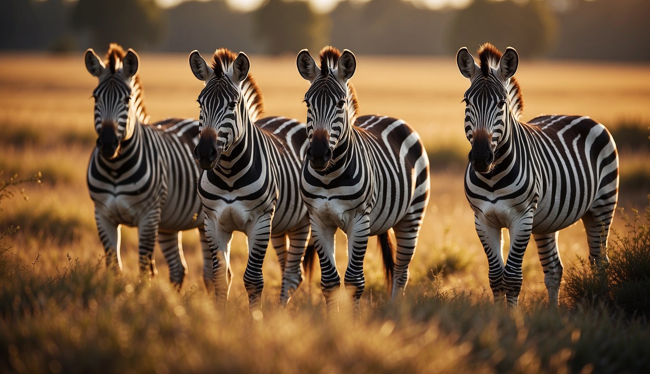 A group of zebras stand in a grassy savannah, their black and white stripes creating a mesmerizing pattern against the golden sunlight