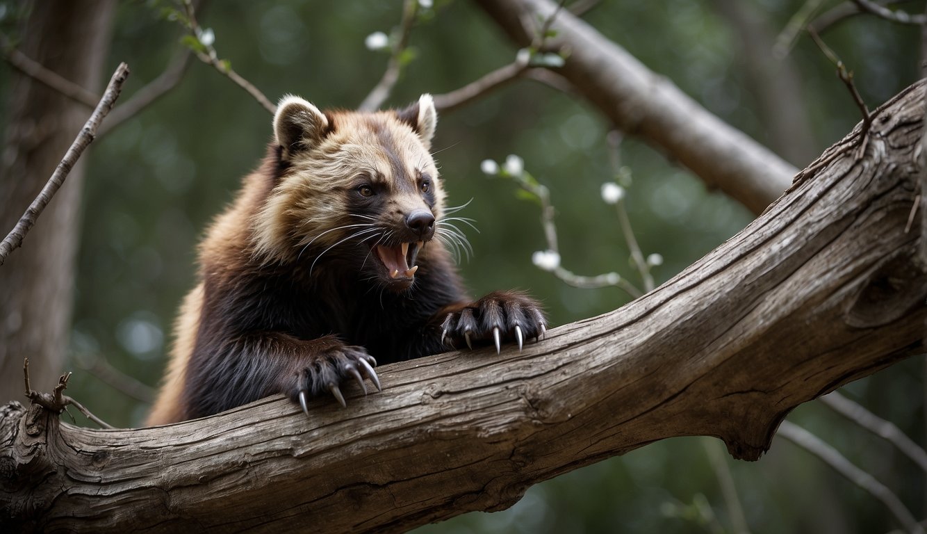 A wolverine clamps its powerful jaws onto a thick branch, showcasing the immense strength and pressure of its bite
