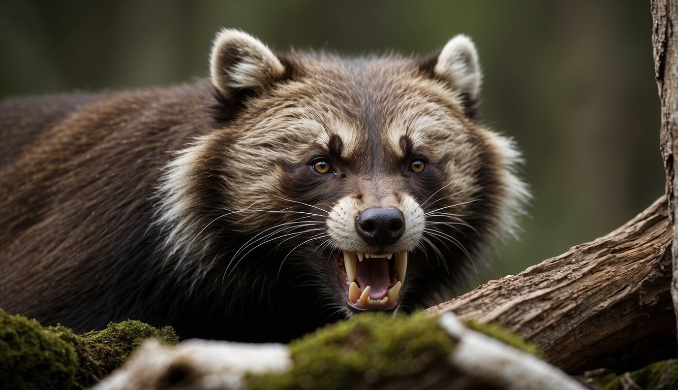 A wolverine crunches through bones, tearing at raw meat with powerful jaws.

Its sharp teeth glisten as it devours its prey with impressive strength