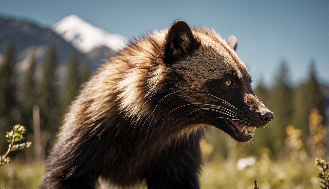 A fierce wolverine stands proudly, showcasing its powerful iron jaw.

Its sharp teeth glisten in the sunlight, exuding strength and resilience