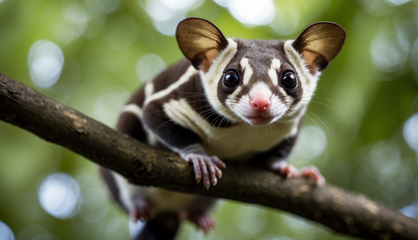 Sugar gliders soar through the treetops, their webbed skin stretched out like wings, as they gracefully navigate the forest canopy