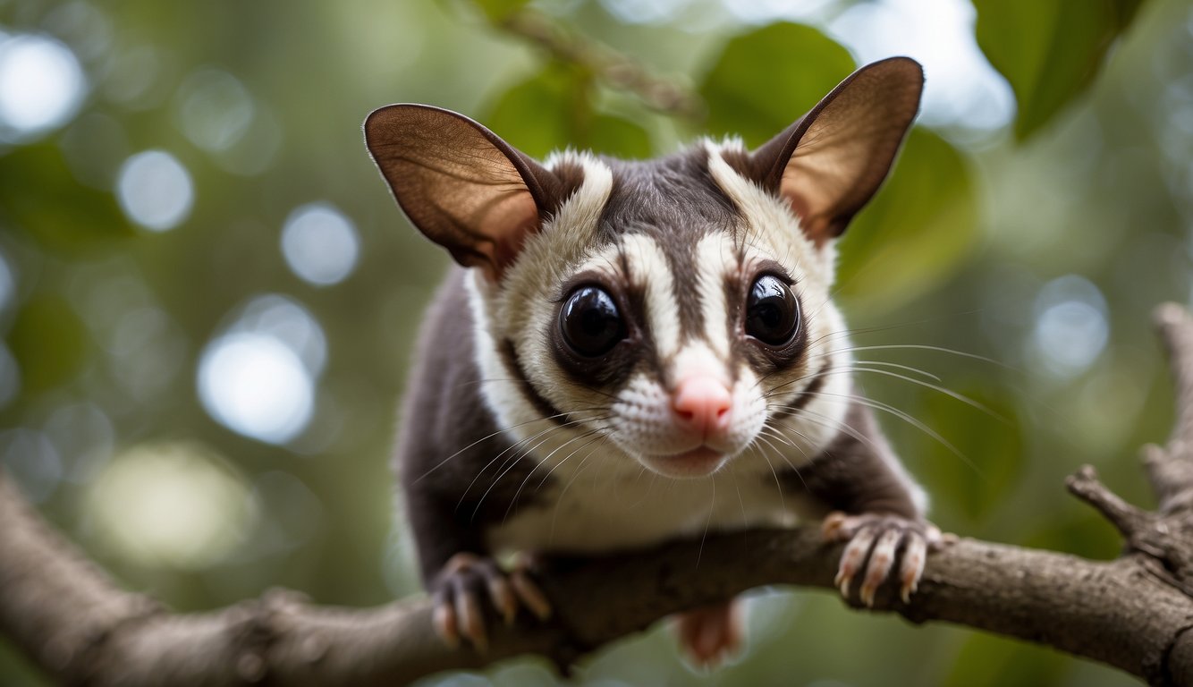A sugar glider leaps from a tree, extending its patagium to glide gracefully through the air, with its large eyes and bushy tail on display