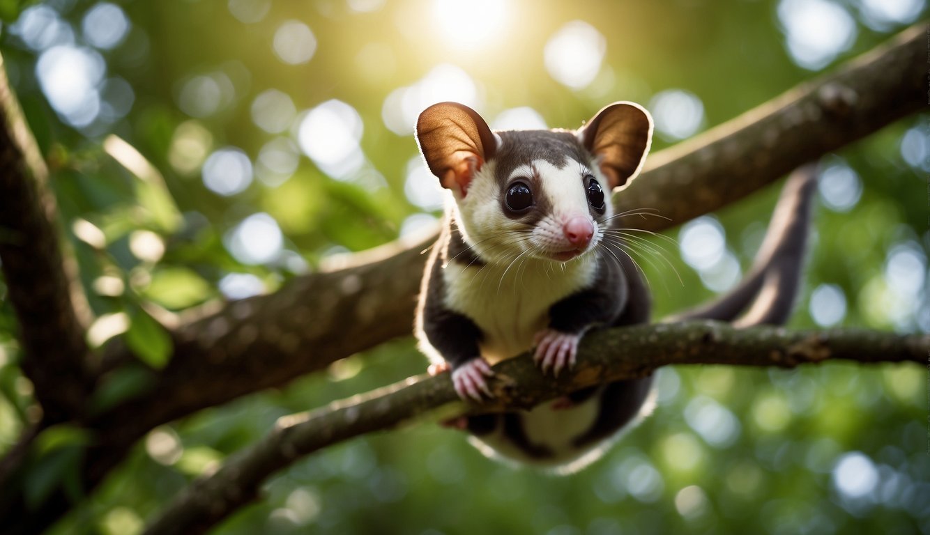 Sugar gliders glide through the lush, dense forest, their small bodies gracefully navigating between tree branches.

The sun filters through the canopy, casting dappled light on their fur as they move with ease through their natural habitat
