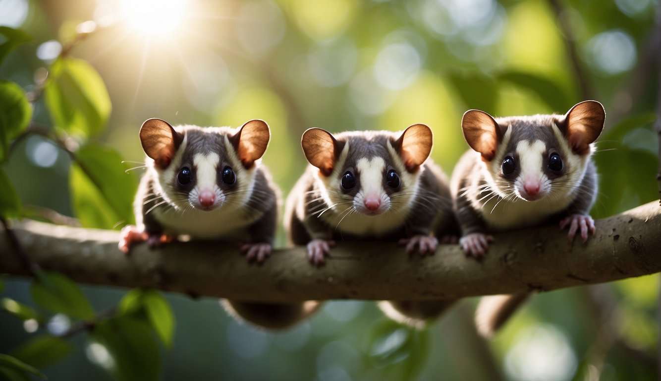 A group of sugar gliders gracefully glide through the lush forest, their furry bodies illuminated by the warm sunlight filtering through the dense canopy