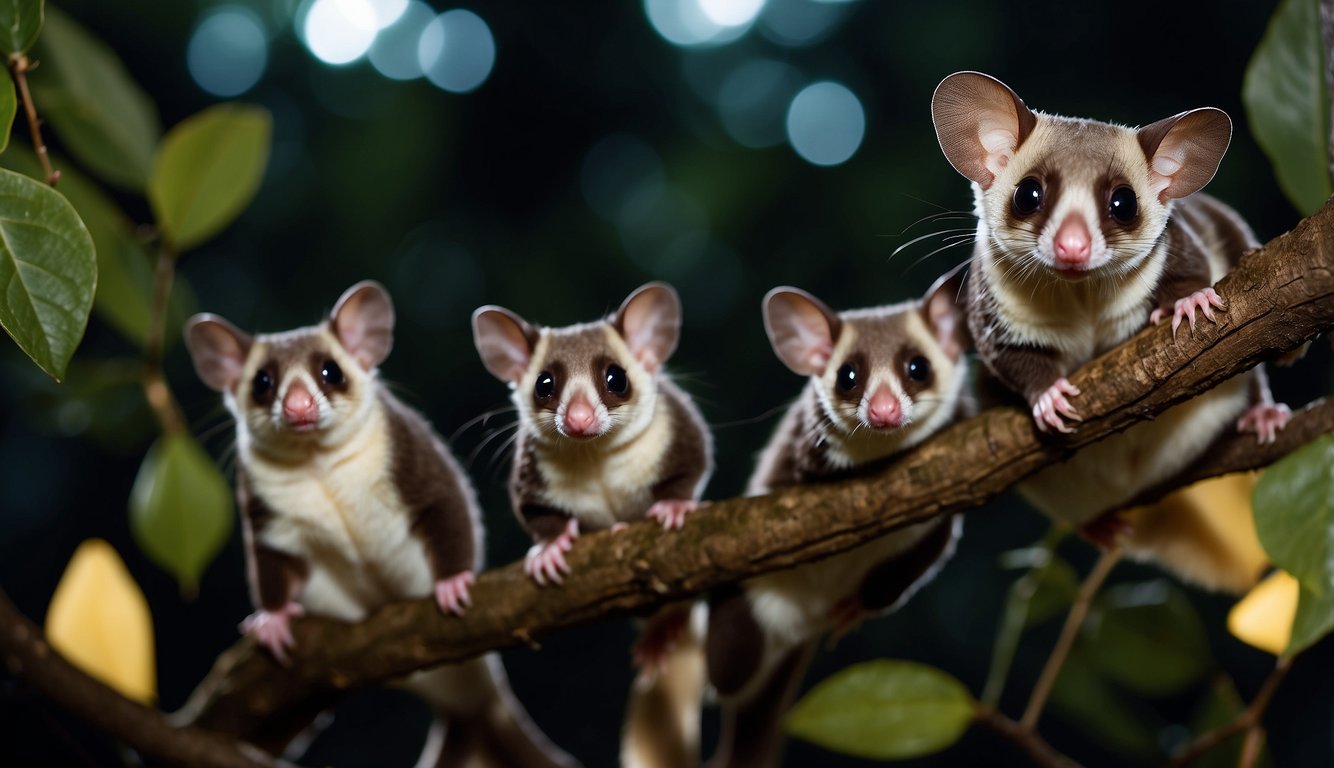 A group of sugar gliders gracefully glide through the forest, their furry bodies illuminated by the moonlight as they effortlessly navigate through the treetops