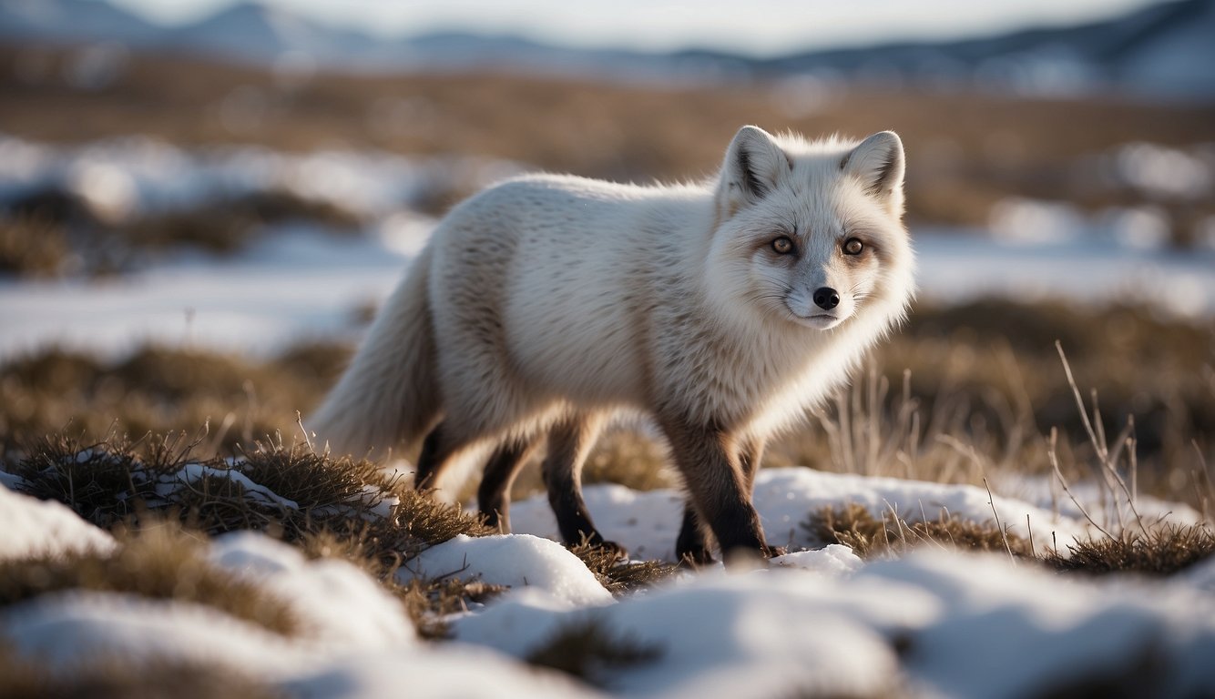 An Arctic fox's fur shifts from snowy white to earthy brown as it navigates through the changing landscape of the tundra