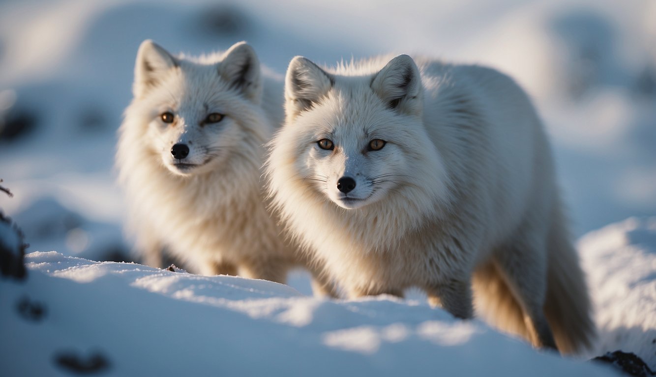 Arctic foxes blend into snowy landscape, their fur shifting from white to gray, camouflaging them from predators.

They skillfully hunt for small mammals and birds, using keen senses and agile movements to survive in the harsh tundra