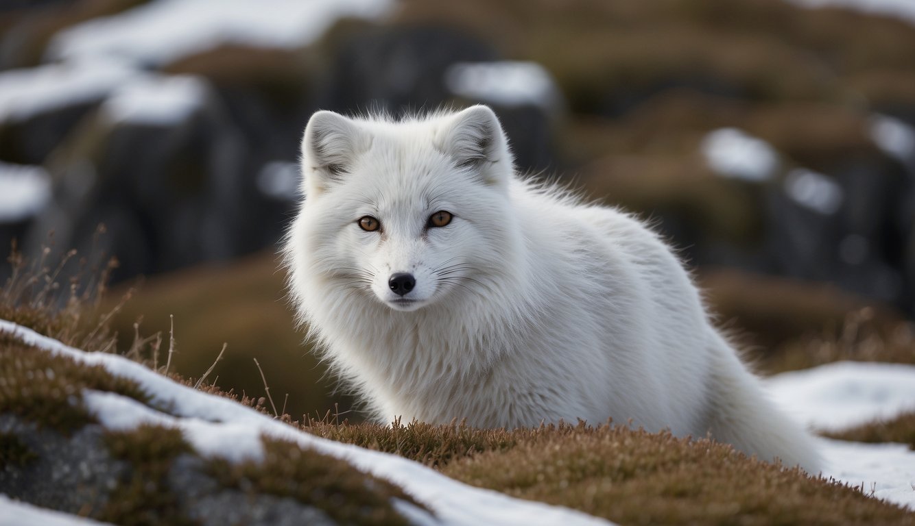 An Arctic fox blends into snowy landscape, its fur transitioning from white to gray, showcasing adaptation to changing climate