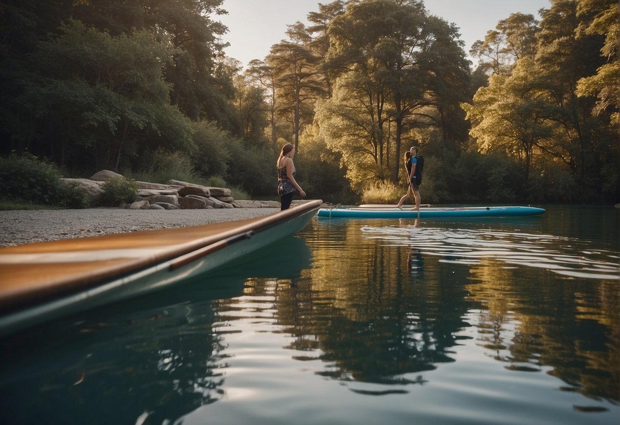 A person stands on a calm body of water, looking down at a paddle board. The board is long and wide, with enough space for the person to comfortably stand on it