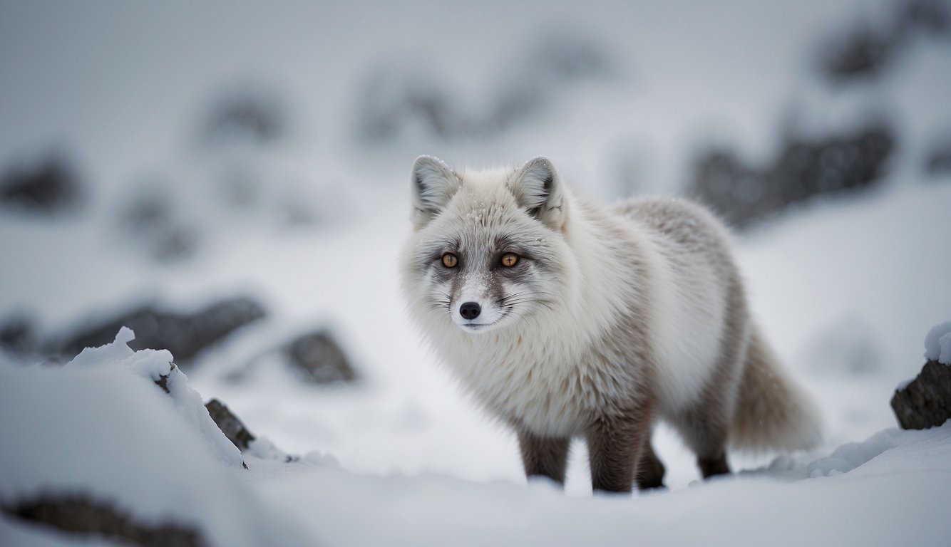 An Arctic fox blending into a snowy landscape, its fur transitioning from white to gray, showcasing its remarkable color-changing adaptation
