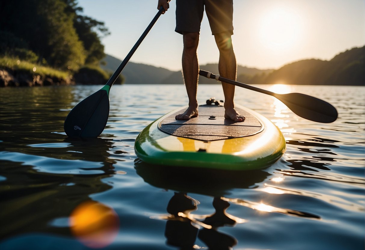 A person standing on a calm body of water, holding a paddle board and looking at different sizes, with the sun shining overhead