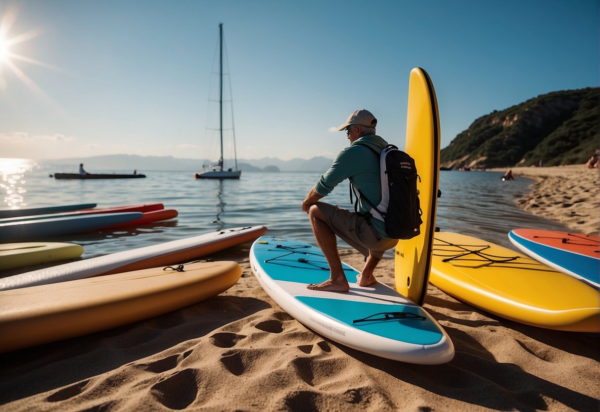 A person stands next to various paddle boards, measuring and comparing sizes