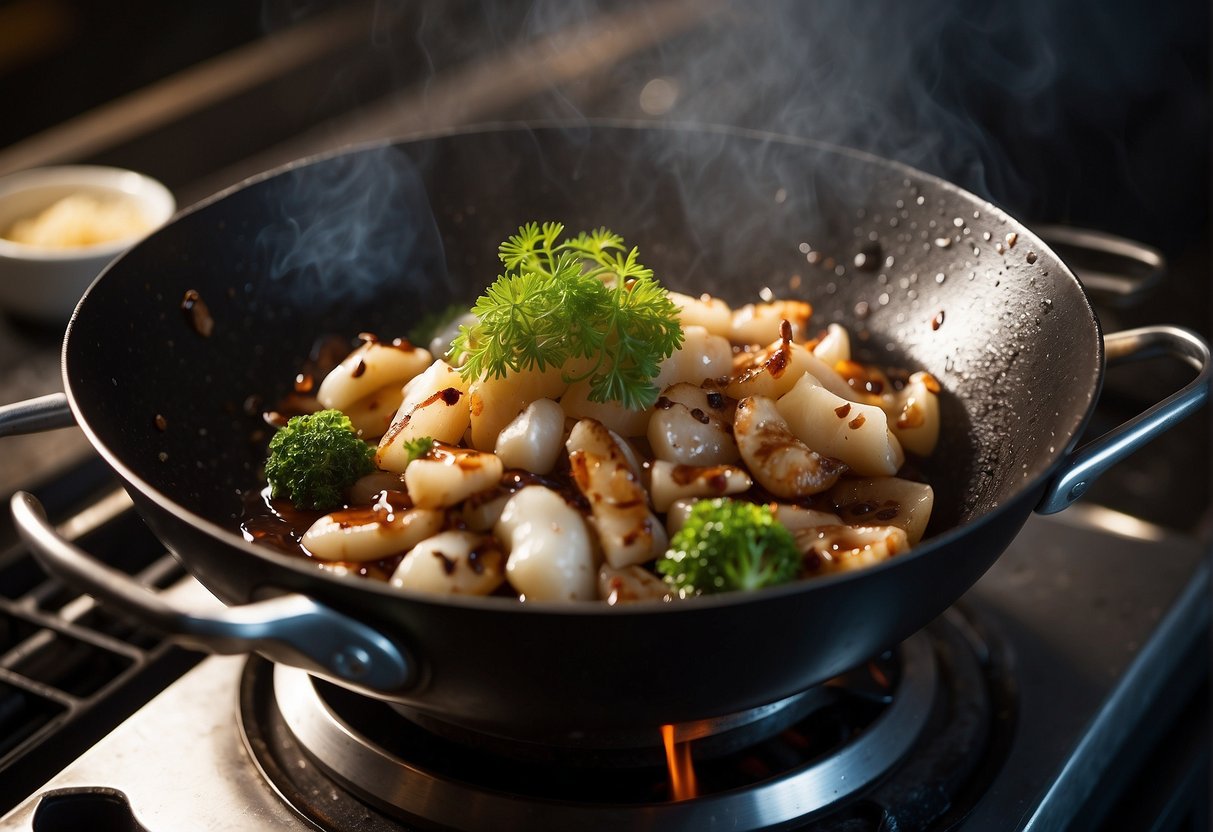 Baby cuttlefish sizzling in a wok with ginger, garlic, and soy sauce. Steam rises as the ingredients are tossed together over a high flame