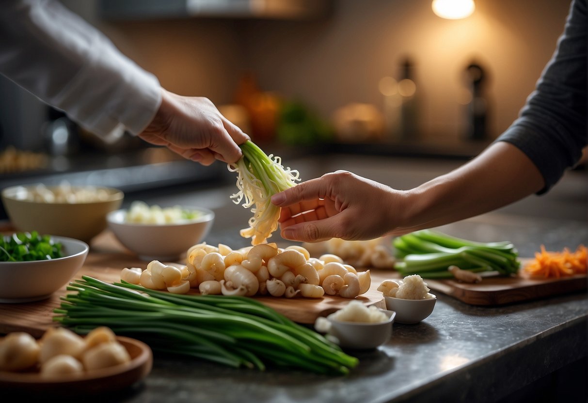 A hand reaches for baby cuttlefish, ginger, garlic, and green onions on a kitchen countertop for a Chinese recipe