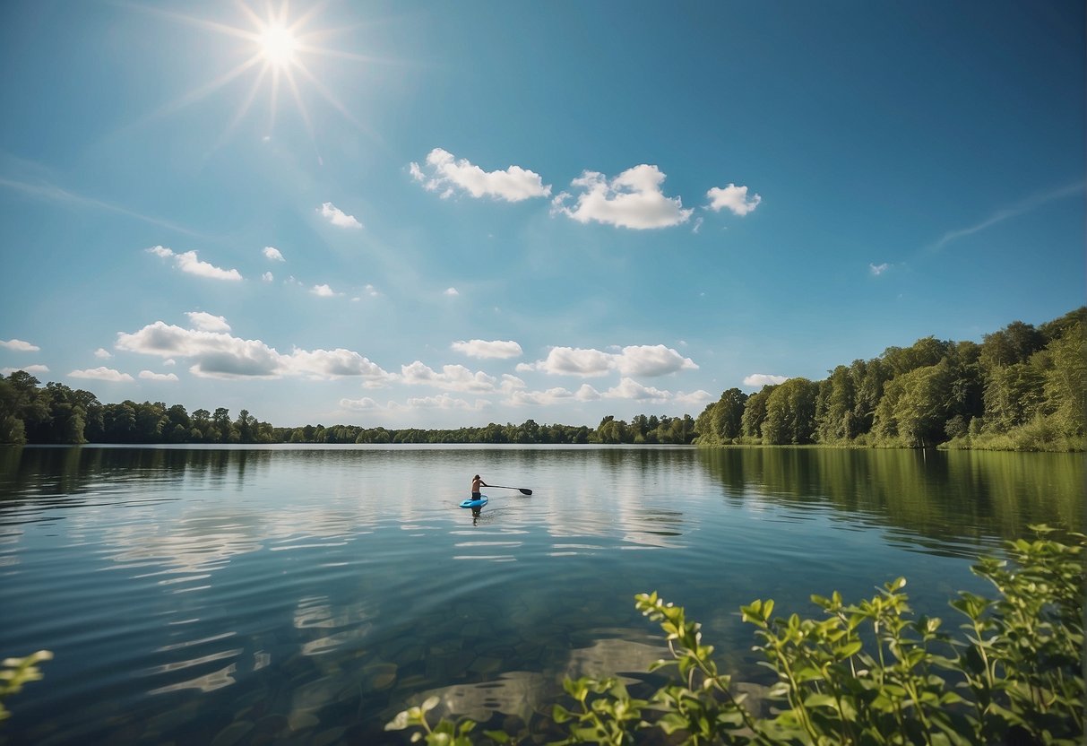 A calm lake with a small paddleboard, surrounded by lush greenery and clear blue skies
