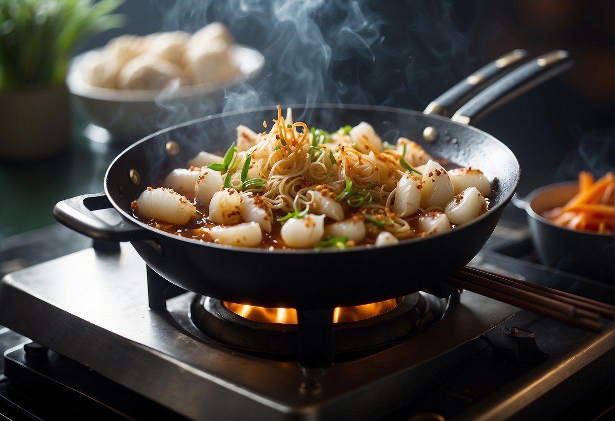 Baby cuttlefish sizzling in a wok with garlic, ginger, and soy sauce. Steam rising, chopsticks stirring, and a hint of chili in the air