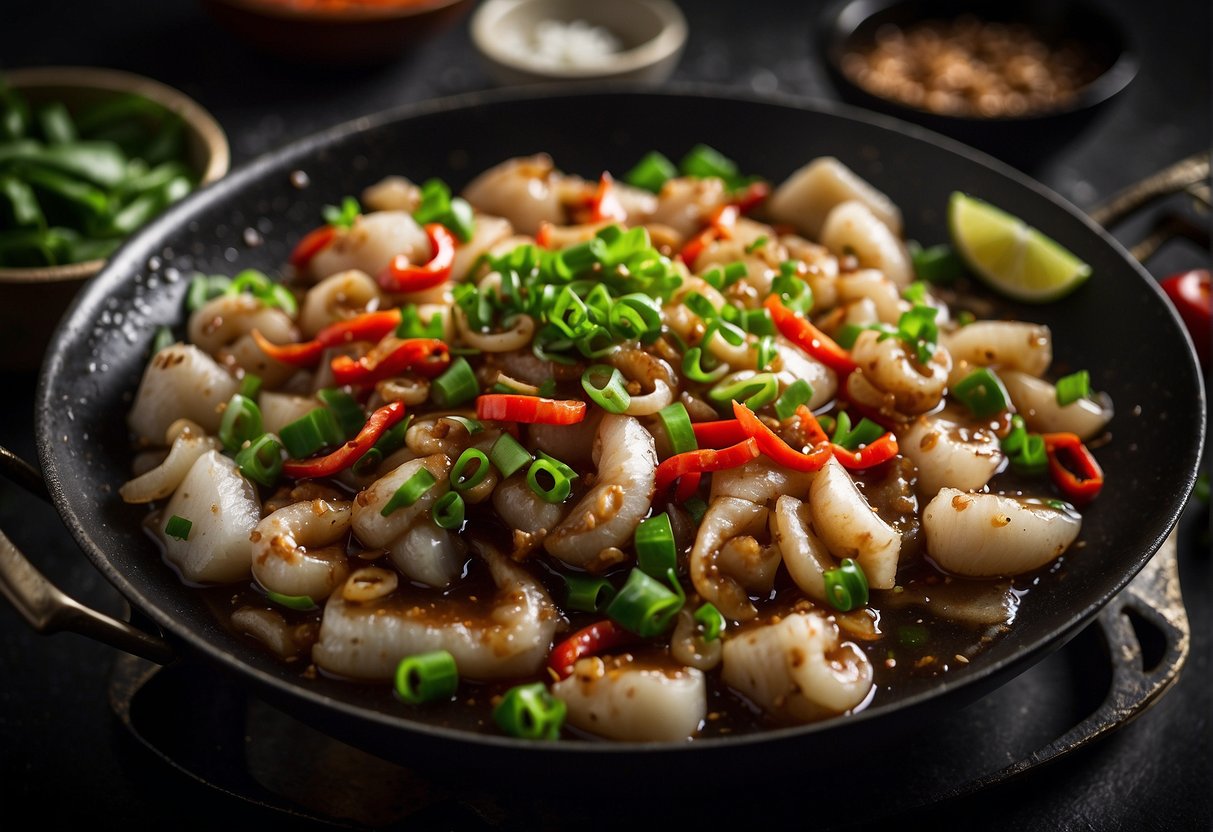 Baby cuttlefish sizzling in a wok with ginger, garlic, and soy sauce. Green onions and red chili peppers add color and heat