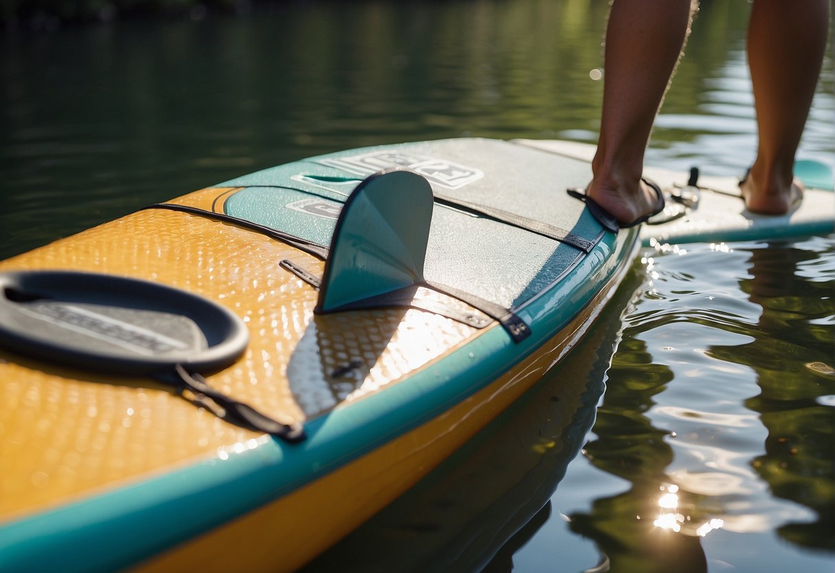 A person stands on a paddle board, measuring its length and width. They hold a paddle, examining its size and shape for specific user needs
