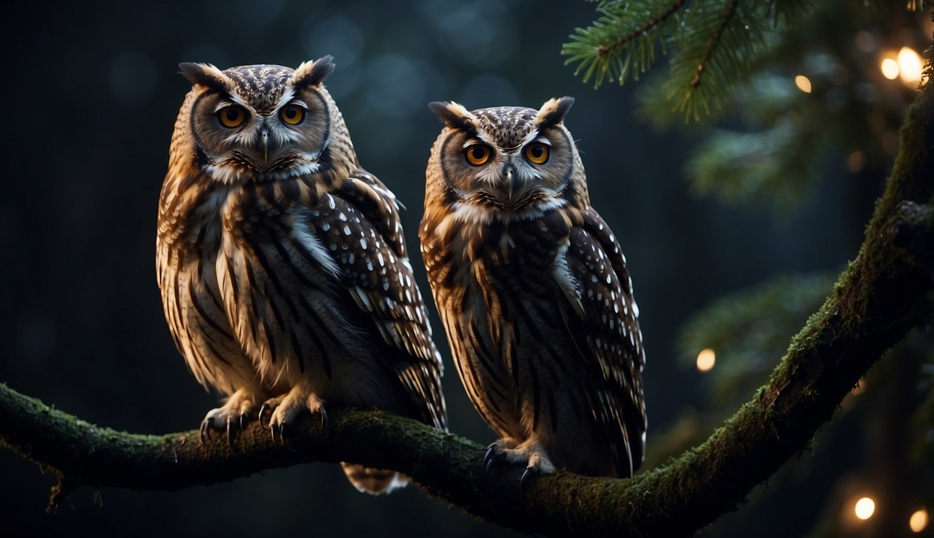 Owls perched on tree branches, their large eyes glowing in the darkness, scanning the night for prey.

The moonlight casts shadows on their feathers, creating an eerie and mysterious atmosphere