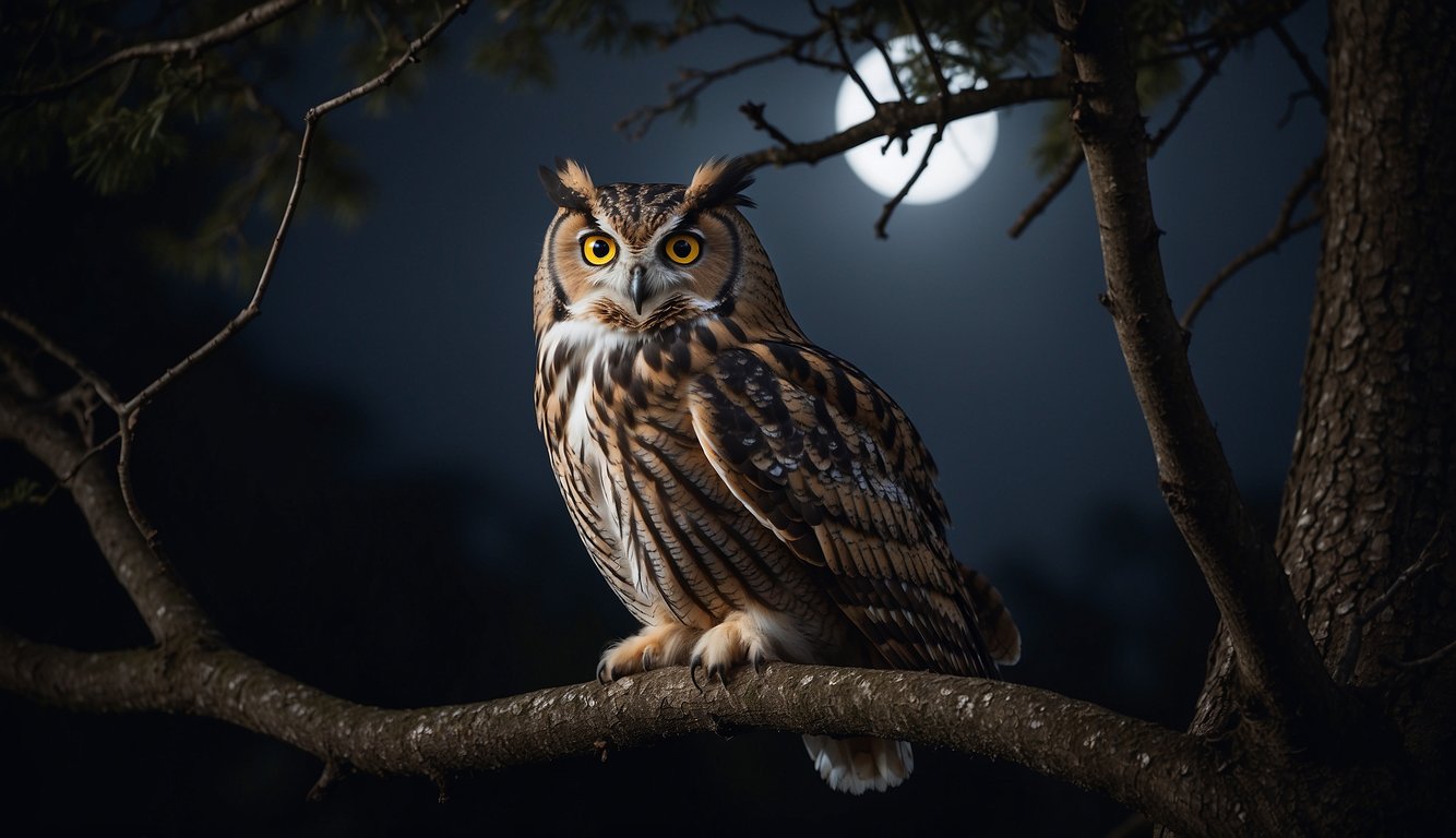 An owl perches on a tree branch, its large eyes fixed on the moonlit landscape.

The surrounding darkness is pierced by the owl's intense gaze, capturing the mystery of its night vision