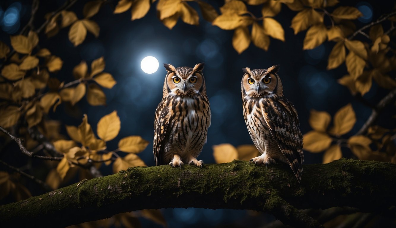 An owl perched on a tree branch, its large eyes glowing in the darkness, surrounded by moonlit leaves and the silhouette of other nocturnal creatures