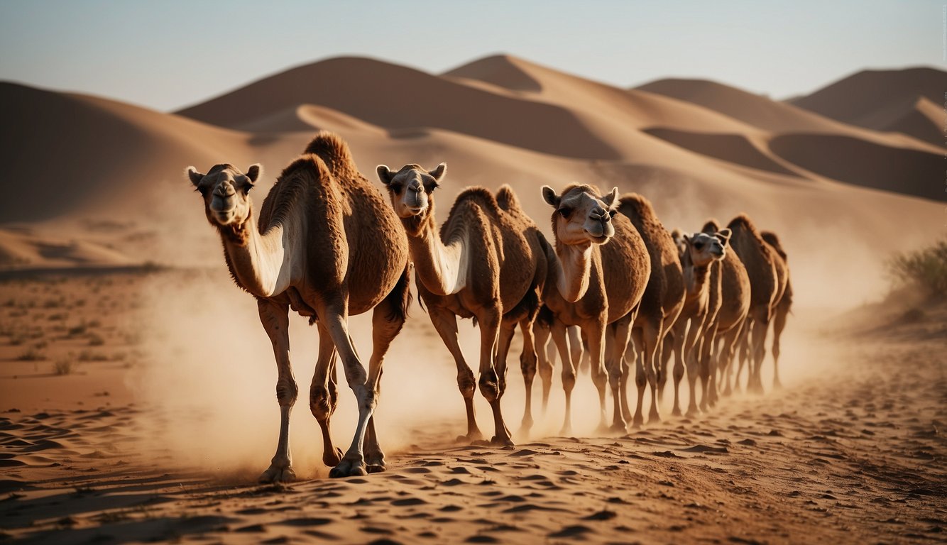 A group of camels trek across the sandy desert, their humps swaying as they carry the precious water supply through the arid landscape