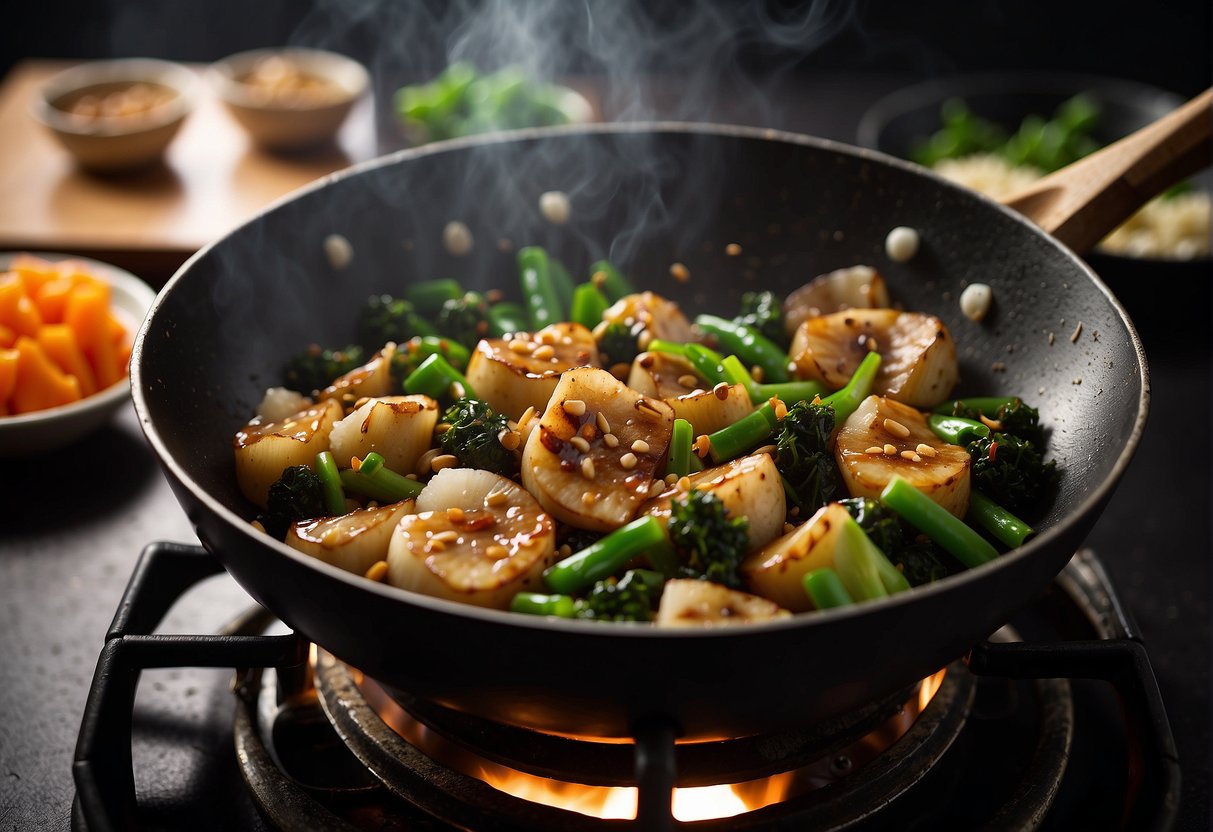 A wok sizzles with garlic and ginger as baby kailan is stir-fried in oyster sauce and soy sauce, creating a savory aroma