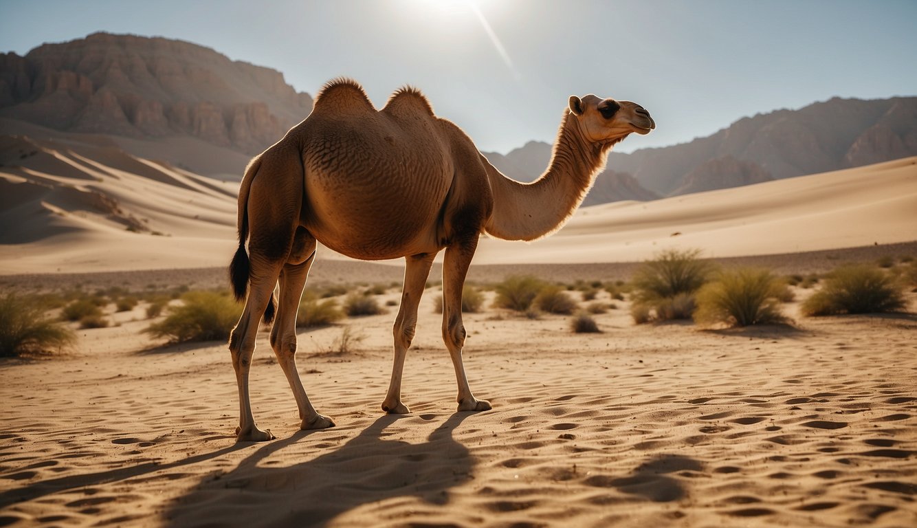 A camel stands tall in the desert, its humps prominently displayed.

The sun beats down, but the camel remains strong and resilient, a symbol of survival in the arid climate