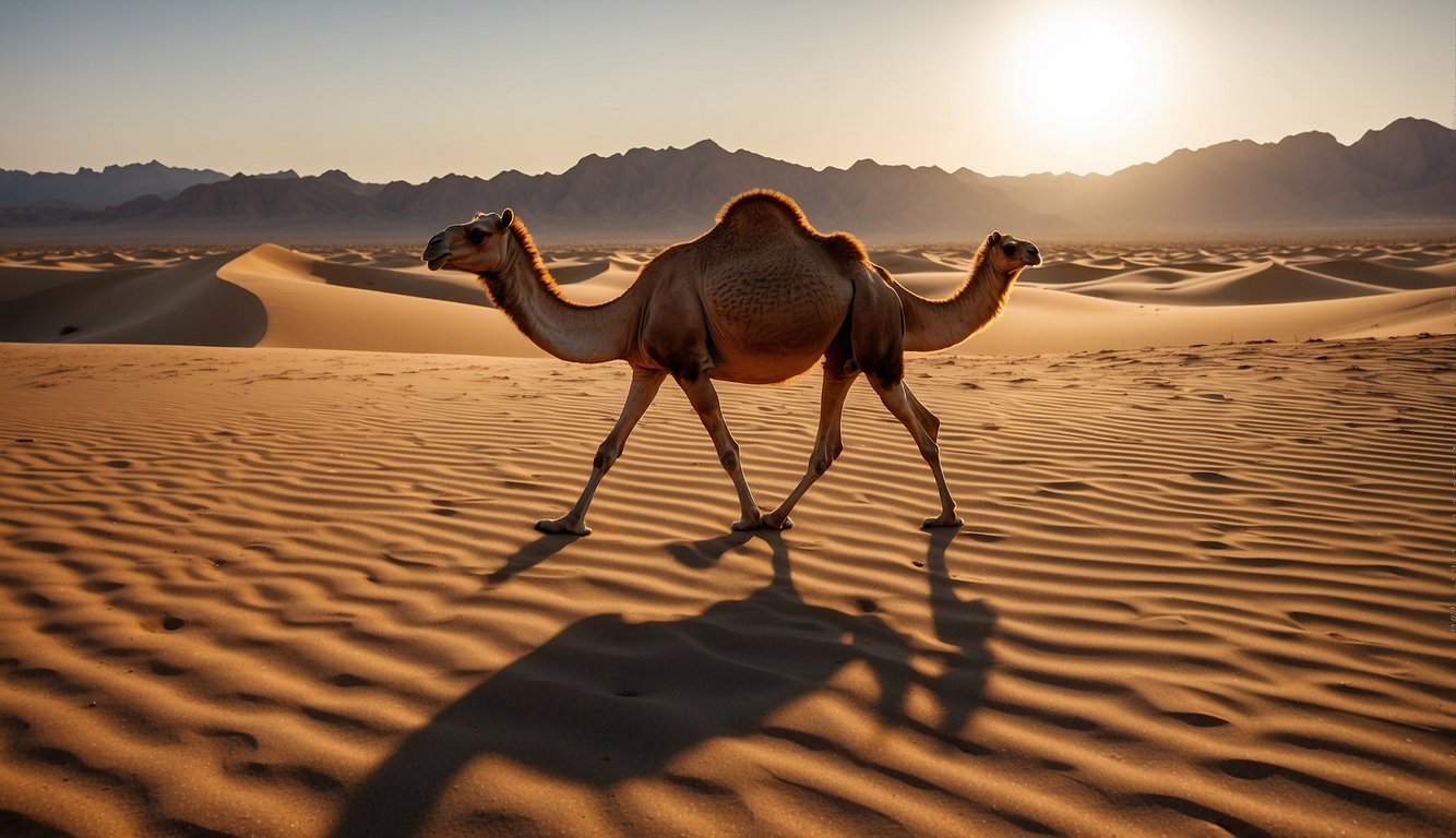 A lone camel treks across the vast desert, its humps swaying with each step.

The scorching sun beats down as the camel searches for water, its survival dependent on the mysterious humps that store life-saving hydration