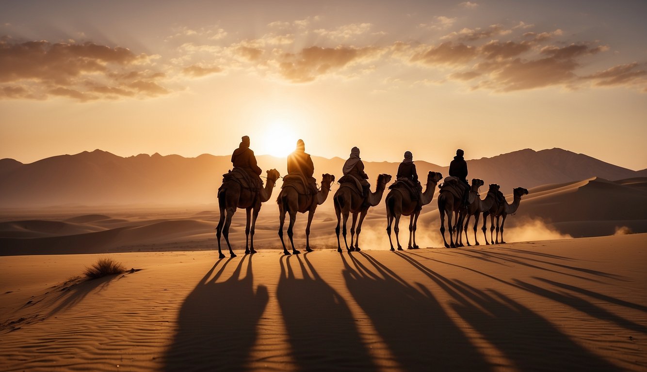 A group of camels with distinctive humps trek across a vast desert landscape, their silhouettes highlighted against the setting sun