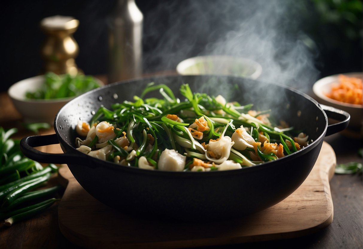 Baby kailan sizzling in a wok with garlic and soy sauce. Steam rising, vibrant green leaves glistening. Aromatic and savory