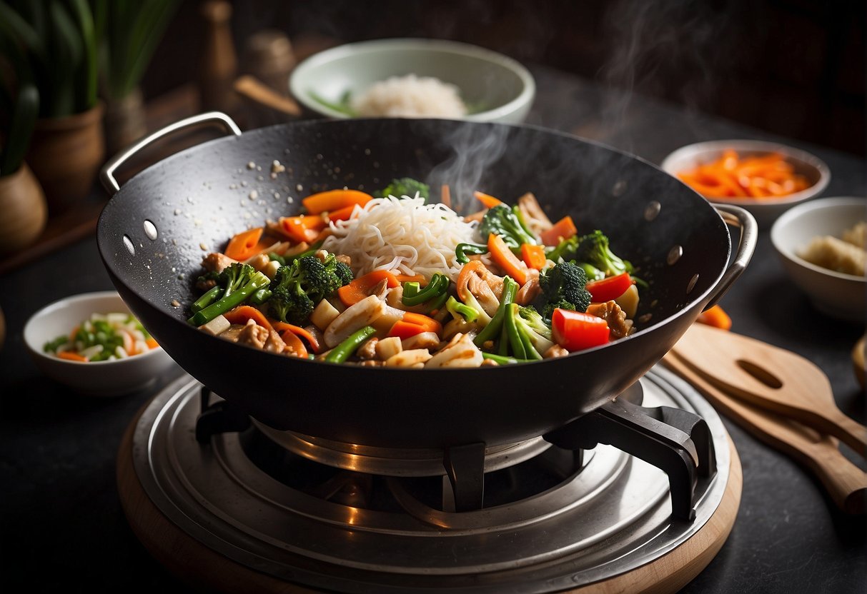 A wok sizzles with baby kailan stir-frying in a fragrant Chinese sauce, surrounded by traditional cooking utensils and ingredients