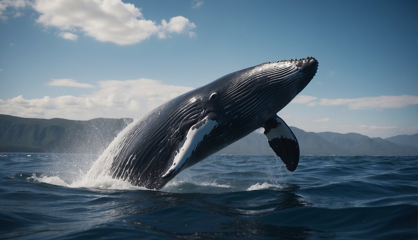 Whales sing in the deep blue sea, their majestic bodies gliding through the water as their hauntingly beautiful songs resonate through the ocean depths