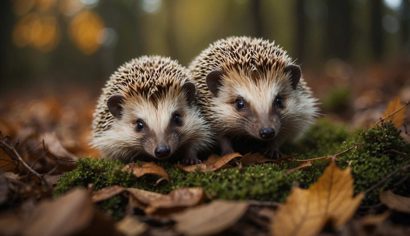 Hedgehogs roam among fallen leaves and twigs, seeking shelter in dense bushes.

They curl into a protective ball when startled, showcasing their spiky armor