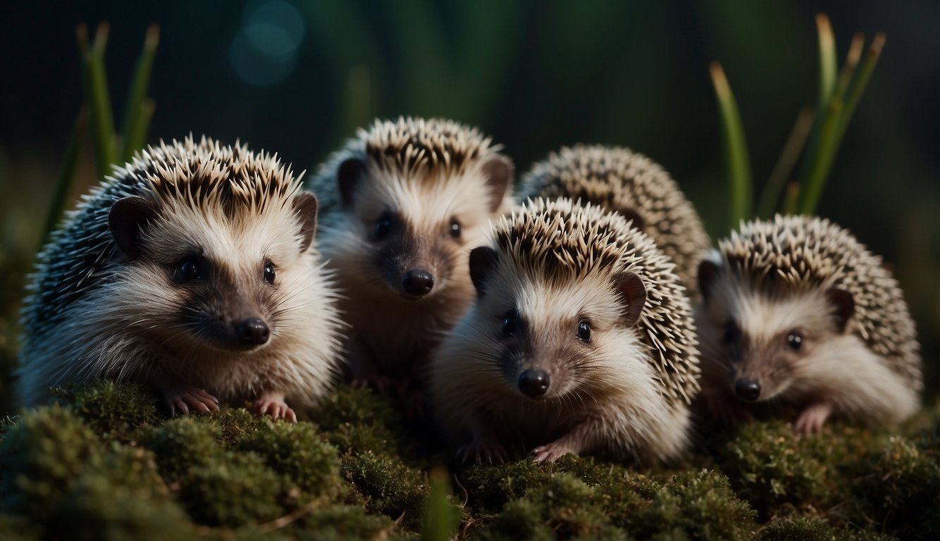 A group of hedgehogs huddled together, their spiky quills raised in defense.

The moonlight illuminates their prickly forms, creating a natural barrier