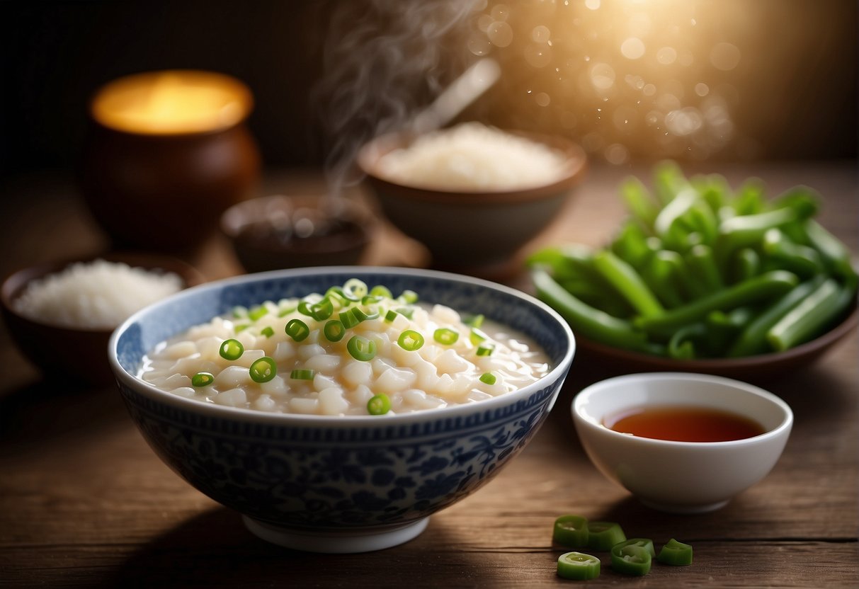 A steaming bowl of Chinese baby porridge sits on a wooden table, garnished with a sprinkle of chopped green onions and a drizzle of soy sauce