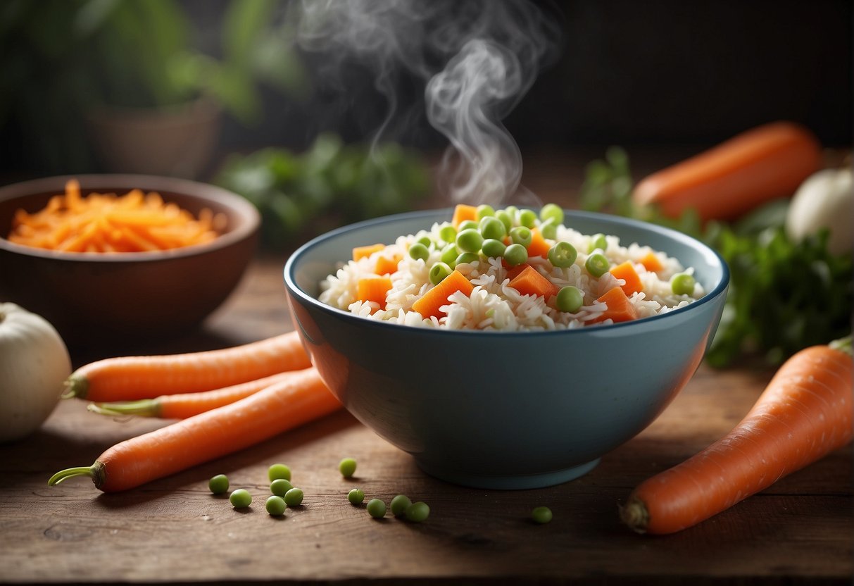 A steaming bowl of Chinese baby porridge sits on a wooden table, surrounded by colorful ingredients like diced carrots, peas, and shredded chicken. A spoon rests on the side of the bowl
