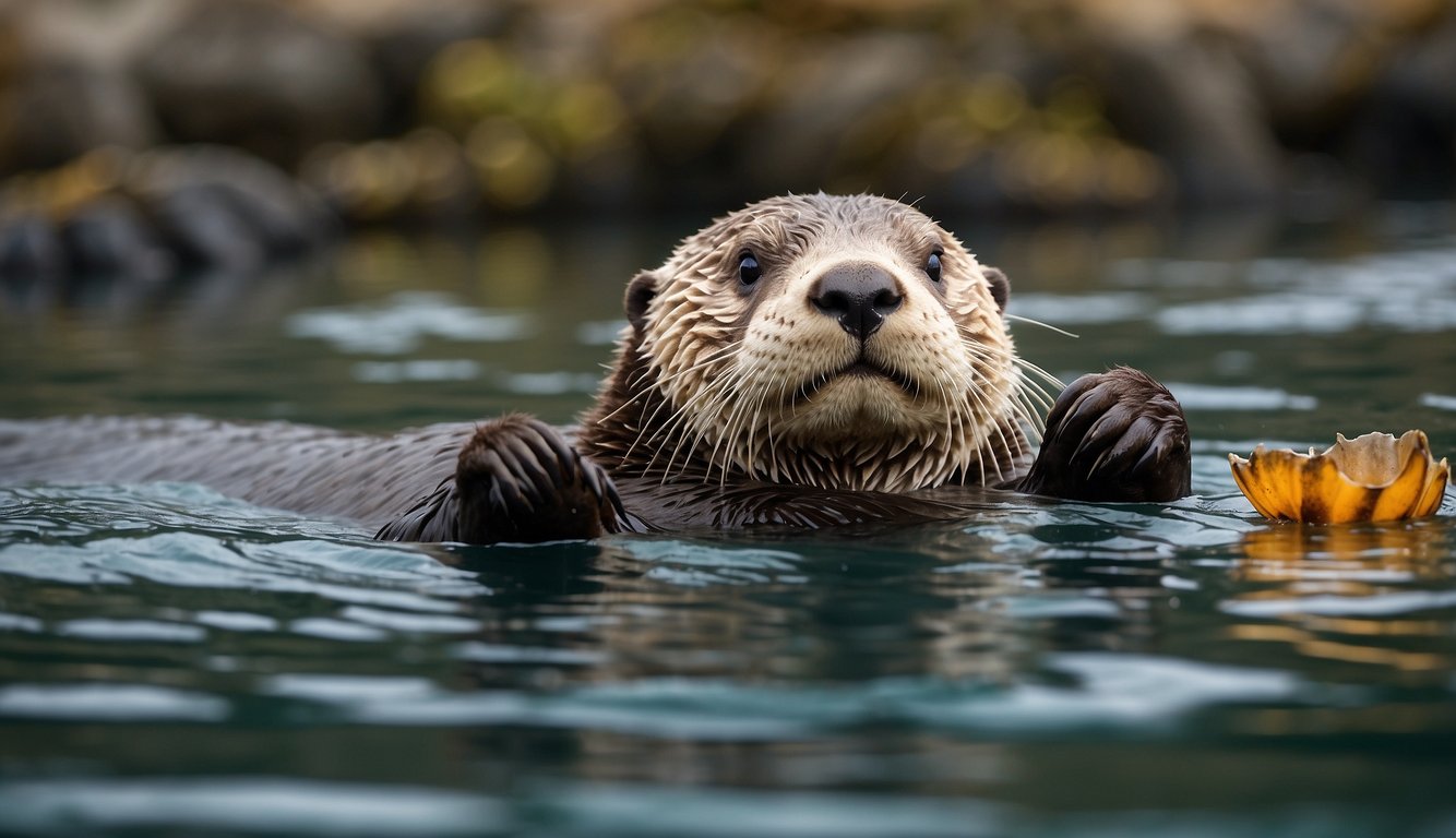 Sea otter floats on its back, using a rock to crack open a shellfish while floating in the calm, clear waters of the kelp forest