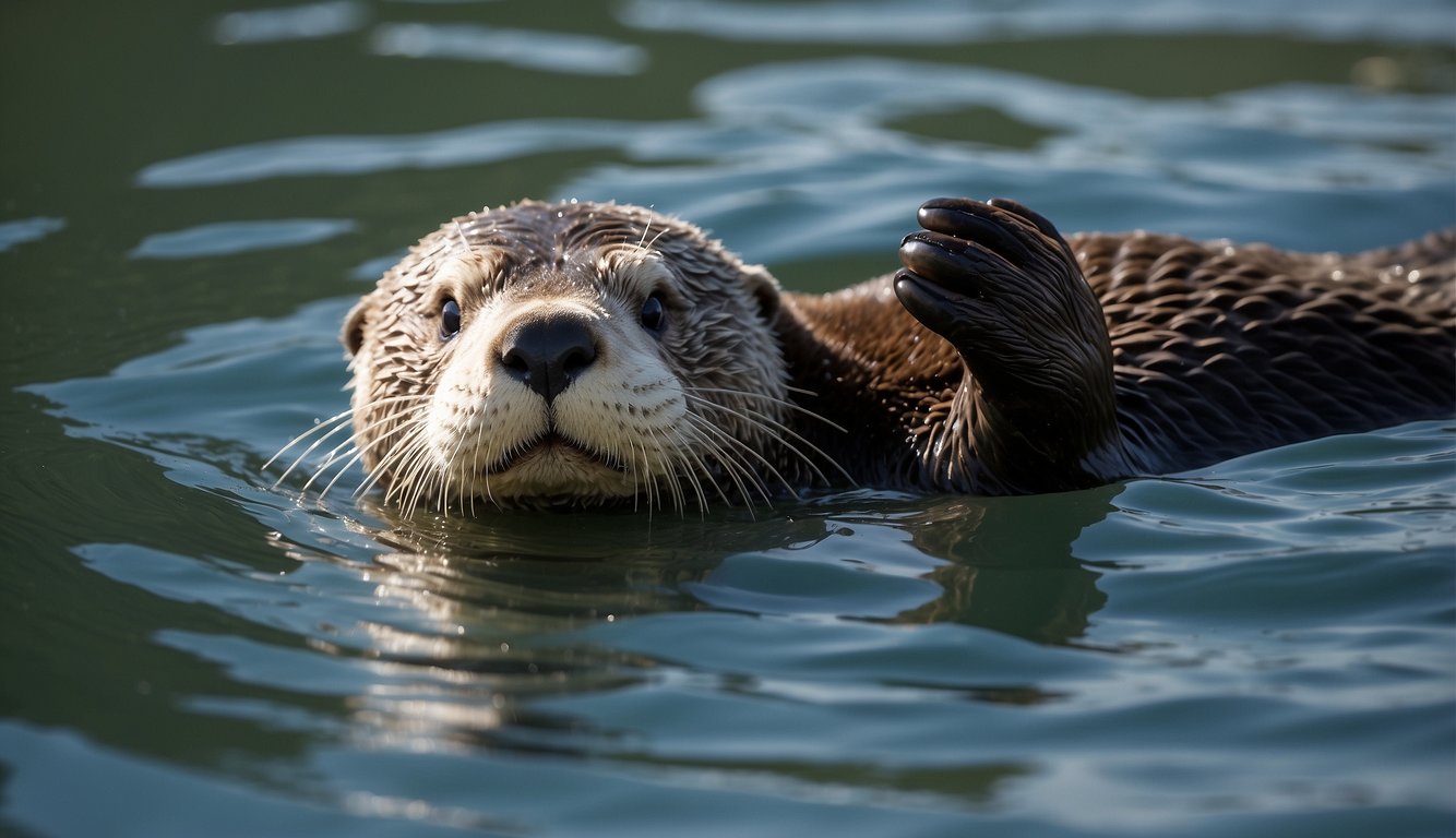 A sea otter floats on its back, using a rock to crack open a clam.

Its dexterous paws deftly manipulate the tool with precision and skill