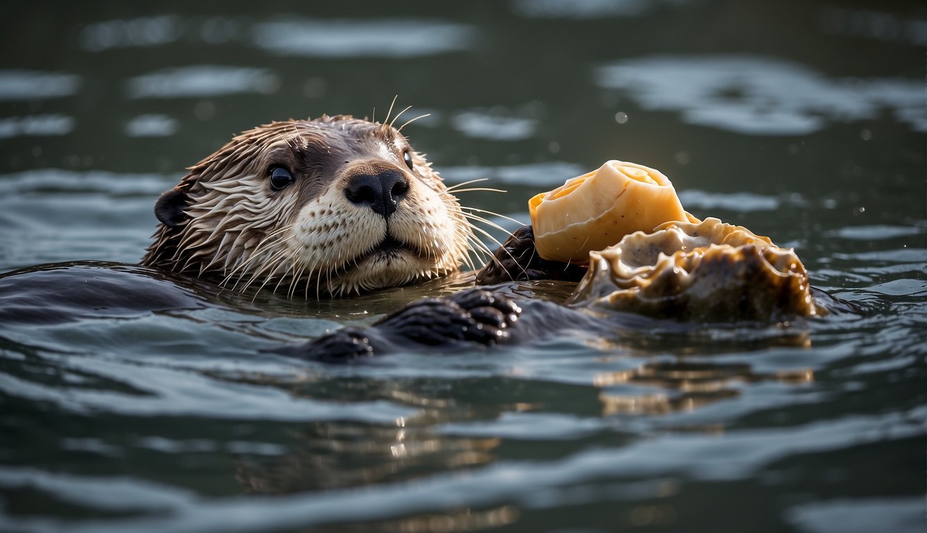 A sea otter floats on its back, using a rock to crack open a shellfish.

It holds the rock against its chest and uses it to pound on the shell, cleverly using tools to access its food
