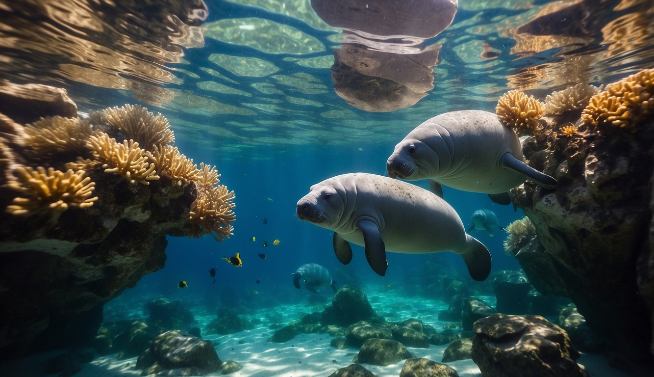 A group of manatees peacefully swimming through crystal-clear waters, surrounded by colorful fish and vibrant coral reefs