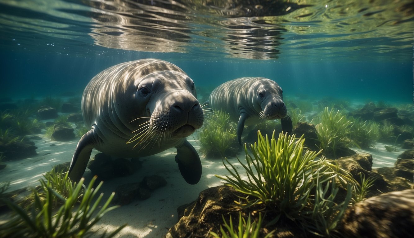 A serene underwater scene with lush seagrass beds and calm, clear waters, showcasing a group of manatees peacefully grazing and swimming in their natural habitat