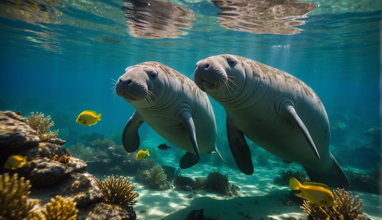 A group of manatees peacefully grazing on seagrass in a crystal-clear, turquoise ocean, surrounded by colorful fish and coral.

Sunlight filters through the water, casting a serene and tranquil atmosphere