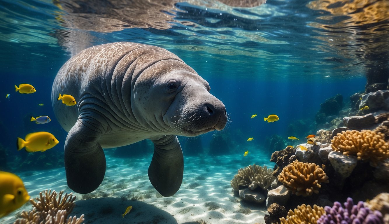 A peaceful manatee glides through clear, blue waters, surrounded by vibrant coral and colorful fish