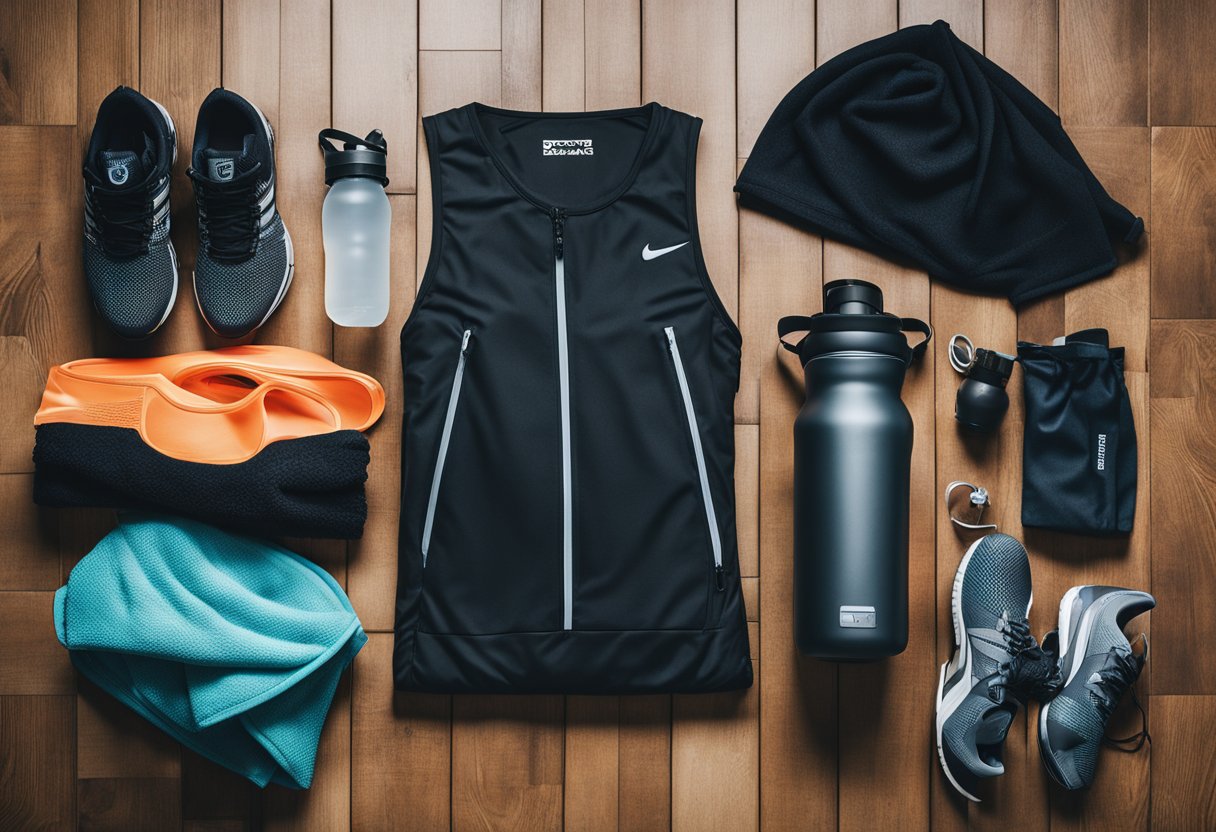 Men's gym kit: sneakers, shorts, tank top, sweat towel, water bottle, and gym bag