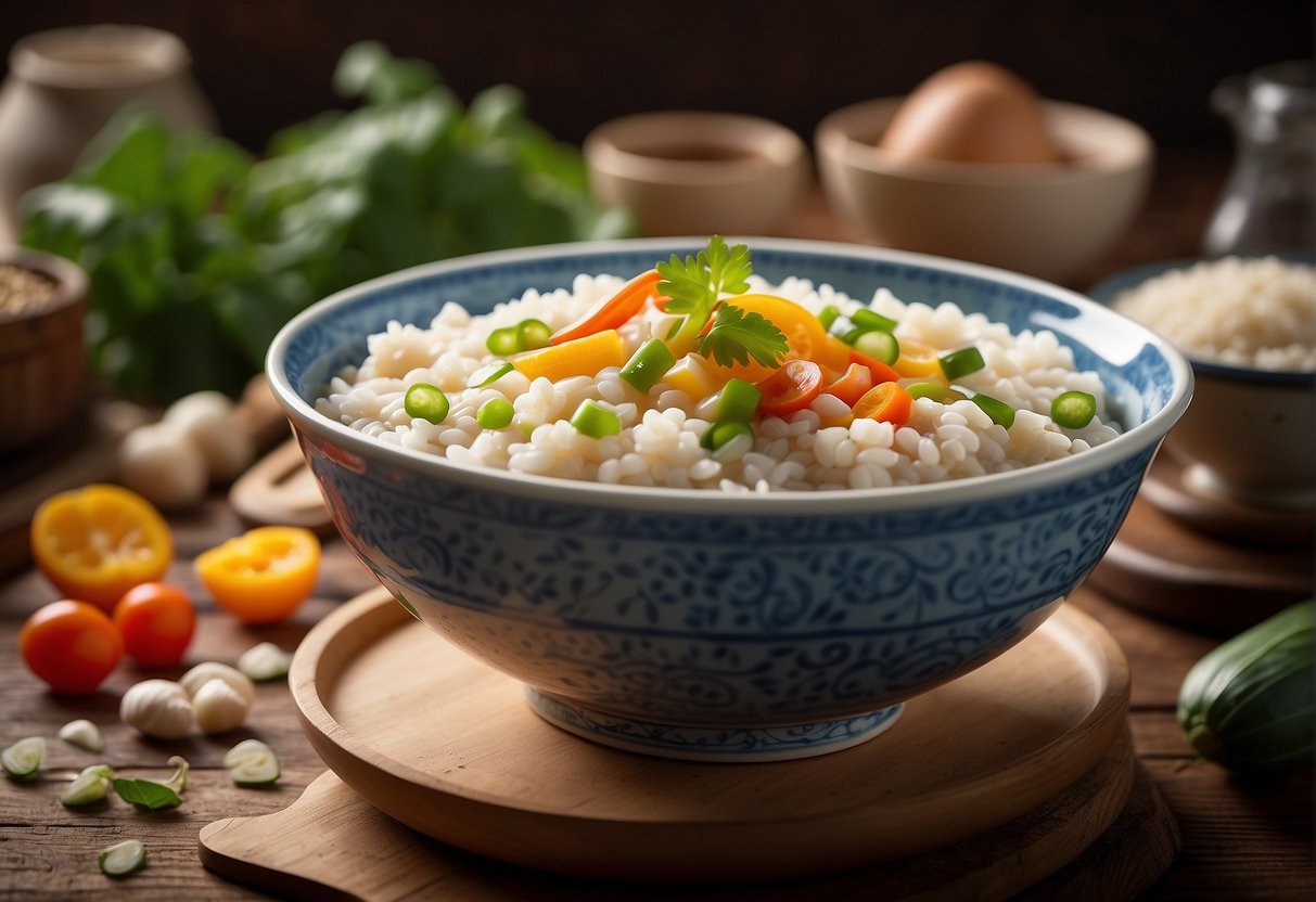 A steaming bowl of Chinese baby porridge sits on a wooden table, surrounded by ingredients like rice, vegetables, and a spoon. A recipe book is open nearby, with the title "Frequently Asked Questions baby porridge recipe chinese" visible on
